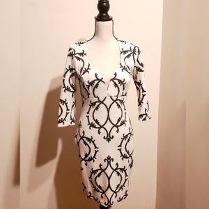 3/4 Sleeve Black and White Midi BodyCon Dress